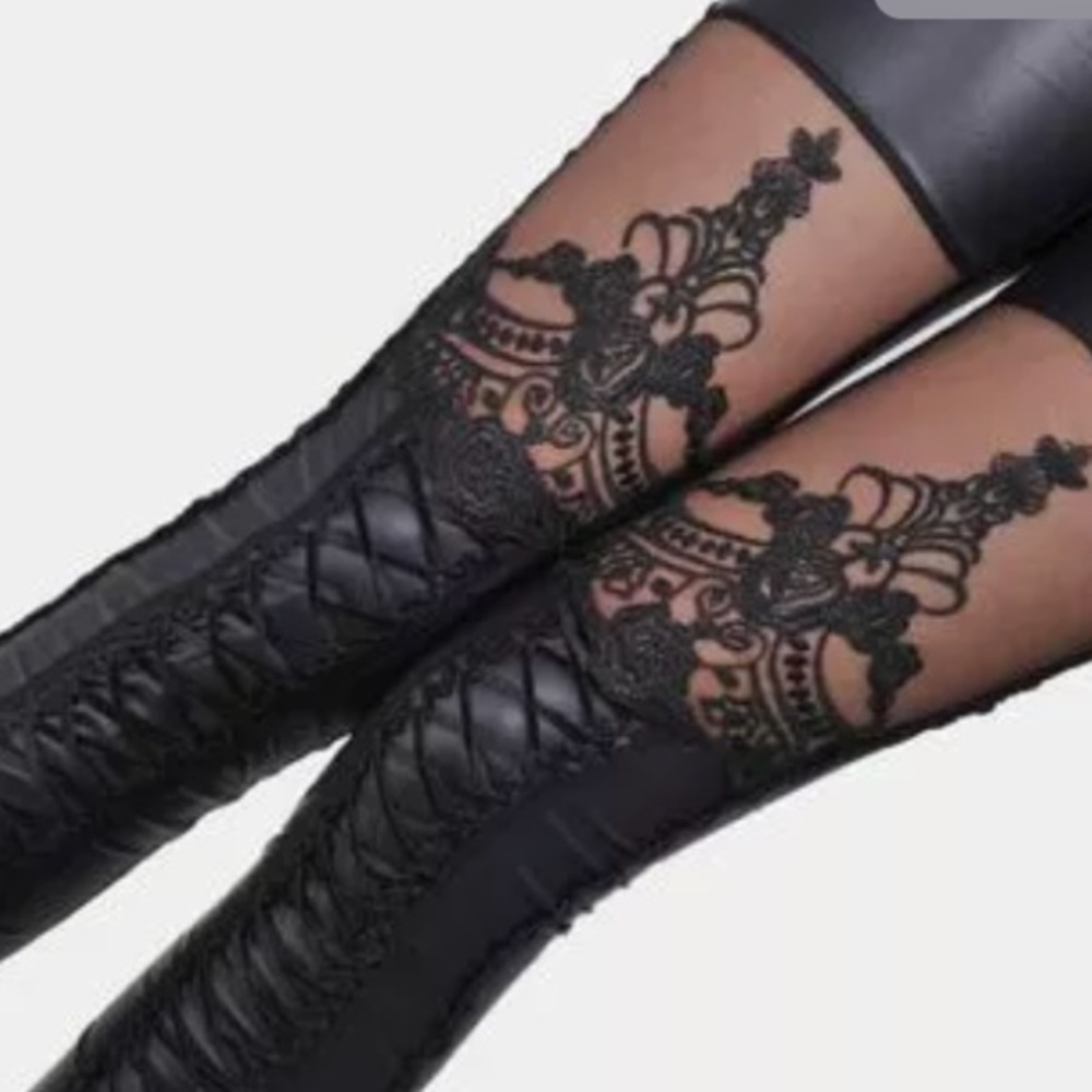 NEW‼️Faux Leather Embroidered Leggings Lace Hollow - Picture 3 of 3